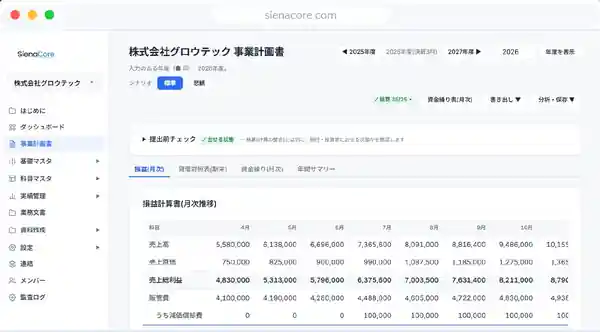 SienaCore 事業計画書画面